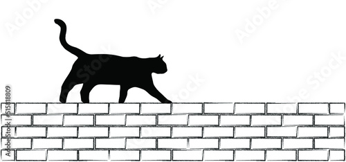 Drawing happy cat line pattern. Kitty silhouette pictogram or symbol walking on the wall. Flat vector brick stone and cats. Cartoon sketch icon. Animals day or Cat day. 
