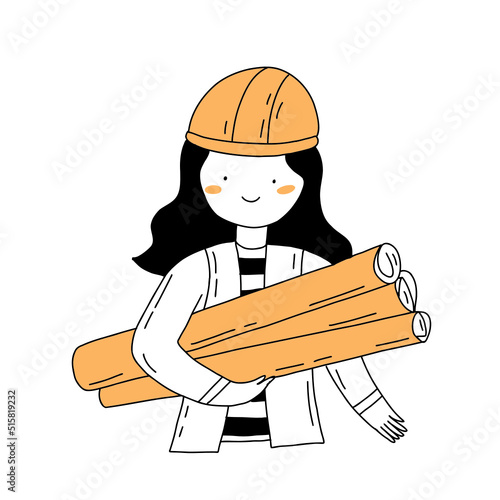 Girl worker character with blueprints hand drawn outline illustration in minimal style isolated on white background. Engineer day concept.