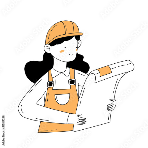 Female engineer character with blueprint hand drawn outline illustration in doodle style isolated on white for engineer day concept.