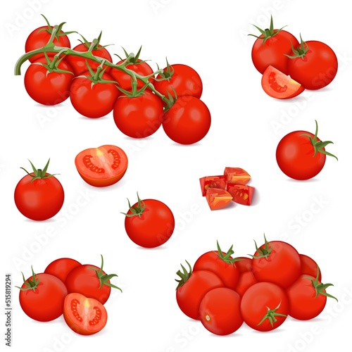 Set of cherry tomatoes for banners, flyers, posters, and social media. Whole, half, quarter cherry tomato. Fresh organic and healthy vegetables. Vector illustration isolated on white background.