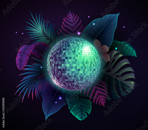 Disco ball illustration with fluorescent tropic leaves. Nature concept. Summer party poster. Vector illustration