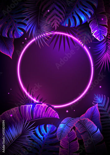 Summer background with neon frame and  fluorescent tropic leaves. Nature concept. Vector illustration photo