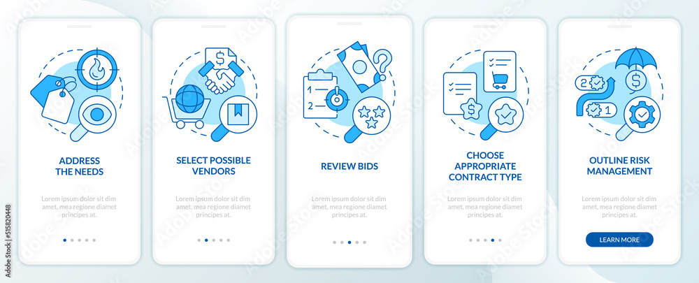 Basic procurement steps blue onboarding mobile app screen. Walkthrough 5 steps editable graphic instructions with linear concepts. UI, UX, GUI template. Myriad Pro-Bold, Regular fonts used