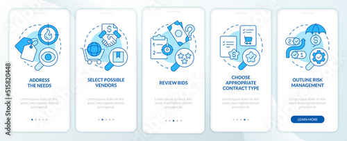Basic procurement steps blue onboarding mobile app screen. Walkthrough 5 steps editable graphic instructions with linear concepts. UI, UX, GUI template. Myriad Pro-Bold, Regular fonts used