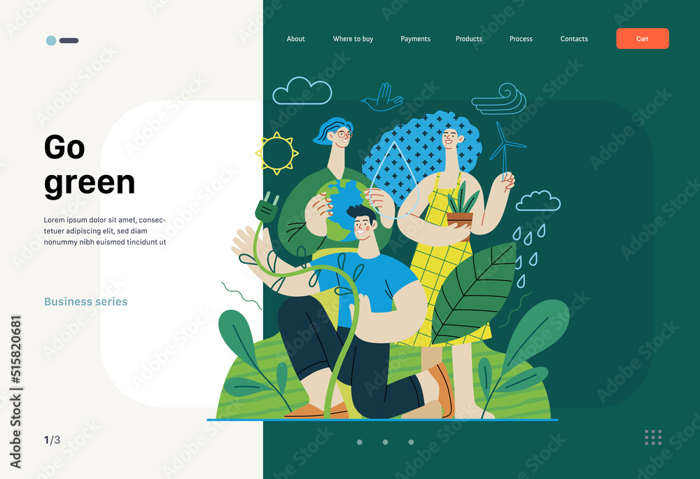 Ecology - Go green -Modern flat vector concept illustration of ecology metaphor, People surrounded by natural ecological and Renewable energy symbols. Creative landing web page template - obrazy, fototapety, plakaty 