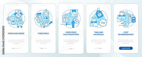 Procurement contracts blue onboarding mobile app screen. Walkthrough 5 steps editable graphic instructions with linear concepts. UI, UX, GUI template. Myriad Pro-Bold, Regular fonts used