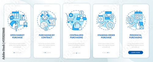 Purchase orders in business blue onboarding mobile app screen. Walkthrough 5 steps editable graphic instructions with linear concepts. UI, UX, GUI template. Myriad Pro-Bold, Regular fonts used