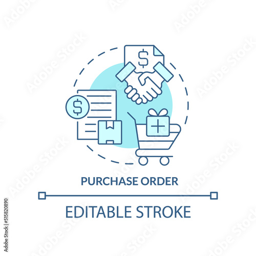 Purchase order turquoise concept icon. Type of contract abstract idea thin line illustration. Buying goods from supplier. Isolated outline drawing. Editable stroke. Arial, Myriad Pro-Bold fonts used