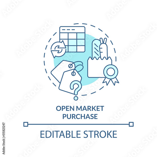 Open market purchase turquoise concept icon. Food purchasing abstract idea thin line illustration. Standard of quality. Isolated outline drawing. Editable stroke. Arial, Myriad Pro-Bold fonts used