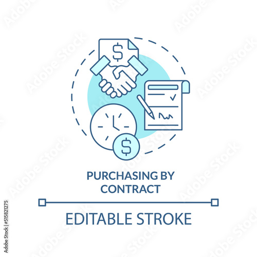 Purchasing by contract turquoise concept icon. Purchase order in business abstract idea thin line illustration. Agreement. Isolated outline drawing. Editable stroke. Arial, Myriad Pro-Bold fonts used