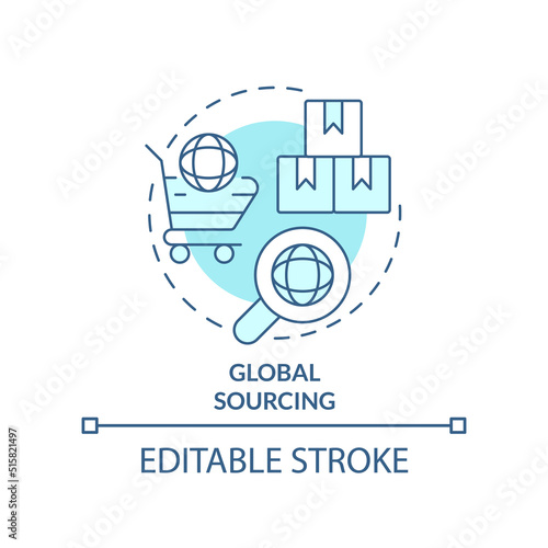 Global sourcing turquoise concept icon. Procurement strategy abstract idea thin line illustration. Foreign manufacturer. Isolated outline drawing. Editable stroke. Arial, Myriad Pro-Bold fonts used