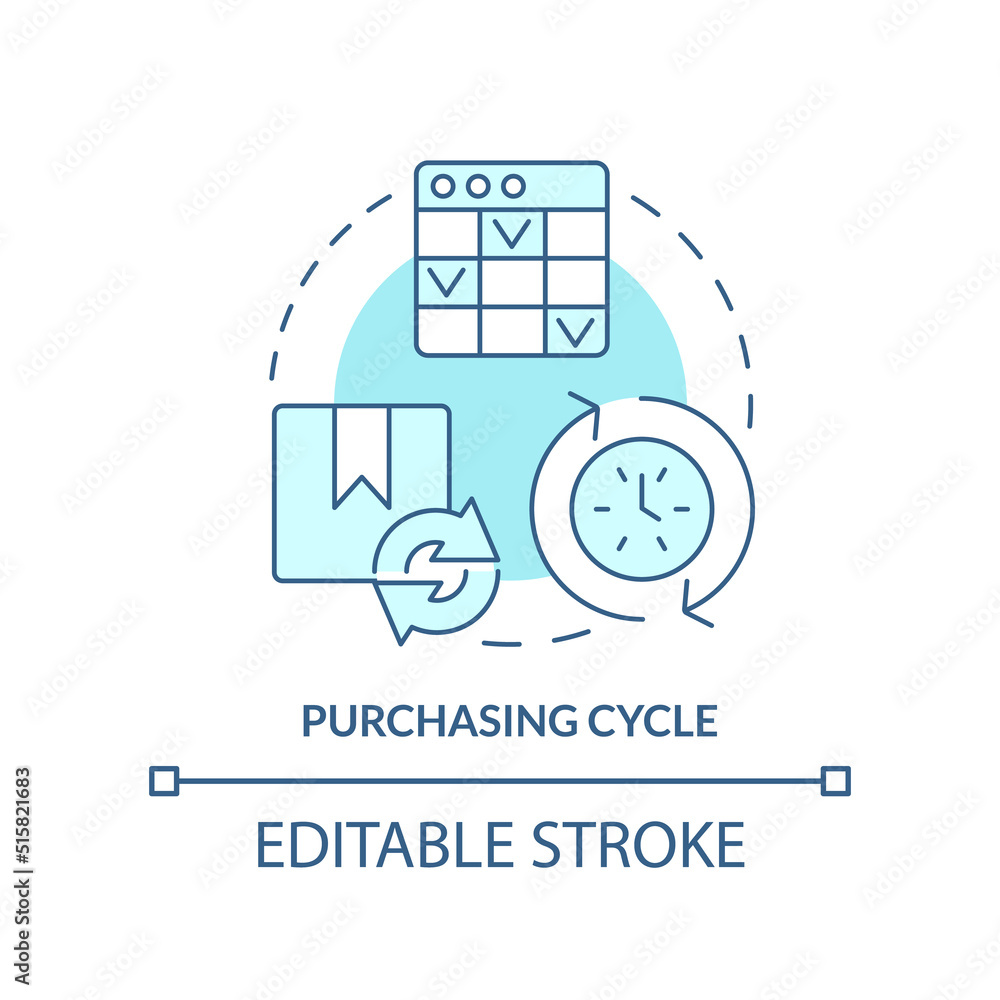 Purchasing cycle turquoise concept icon. Procurement strategy abstract idea thin line illustration. Business process. Isolated outline drawing. Editable stroke. Arial, Myriad Pro-Bold fonts used Purchasing cycle turquoise concept icon. Procurement strategy abstract idea thin line illustration. Business process. Isolated outline drawing. Editable stroke. Arial, Myriad Pro-Bold fonts used