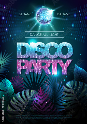 Summer disco party typography poster with fluorescent tropic leaves. Nature concept. Summer background. Vector illustration