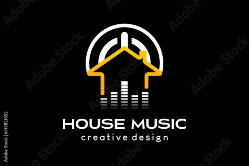 Music house logo design, a house combined with an equalizer icon and an on or off button