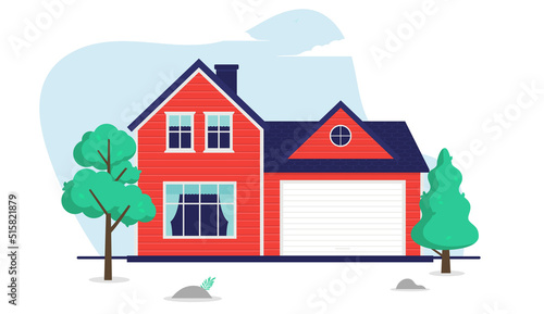 Vector house - Red residential home with garage and trees. Flat design illustration on white background