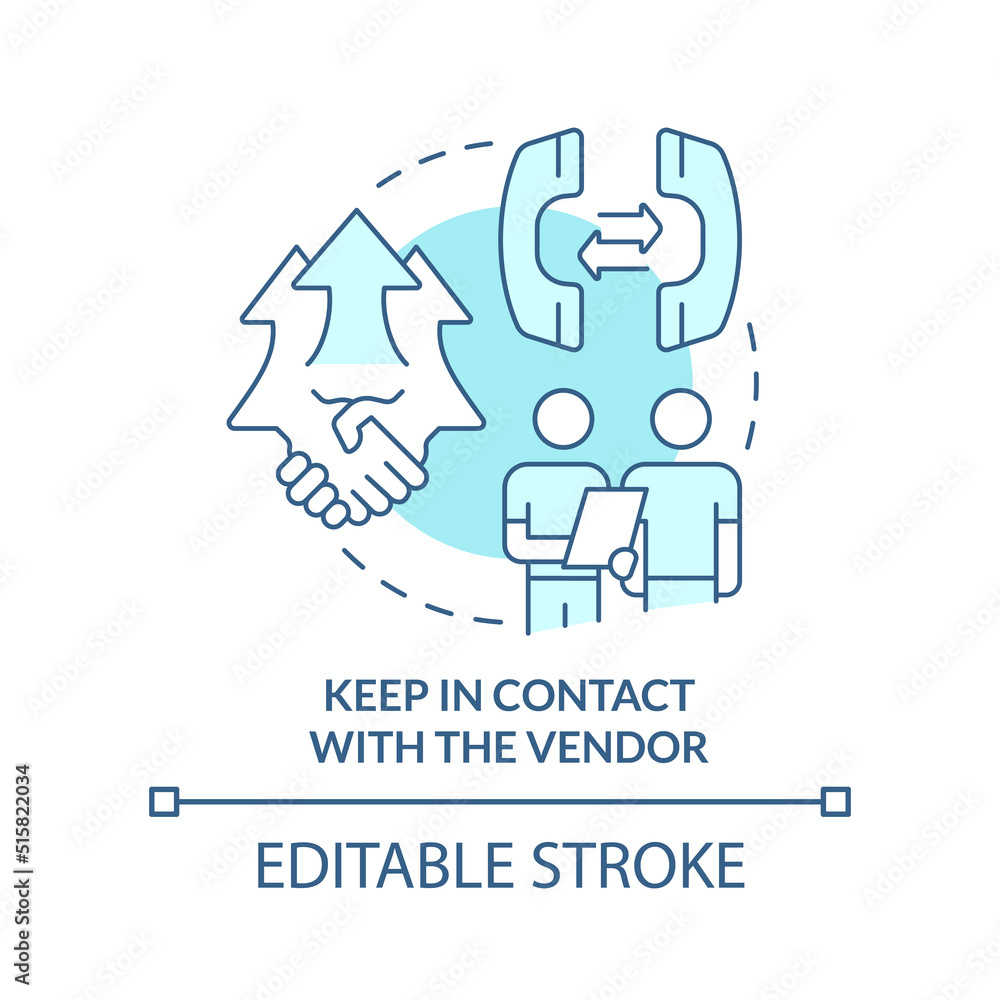 Keep in contact with vendor turquoise concept icon. Purchasing process flow abstract idea thin line illustration. Isolated outline drawing. Editable stroke. Arial, Myriad Pro-Bold fonts used Keep in contact with vendor turquoise concept icon. Purchasing process flow abstract idea thin line illustration. Isolated outline drawing. Editable stroke. Arial, Myriad Pro-Bold fonts used