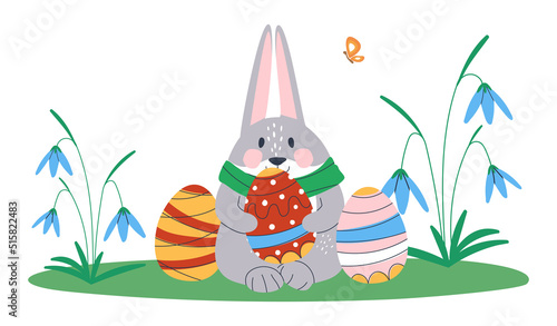 A cute little rabbit is sitting on a green meadow with painted eggs among blue flowers. Easter picture. Isolated on white background.Flat vector illustration. Eps10