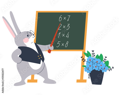 Rabbit teacher at the blackboard. Math lesson. School for rabbits. Isolated on white background.Flat vector illustration. Eps10