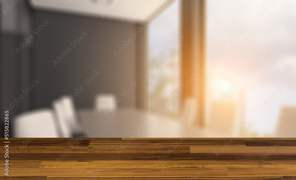 Open space office interior with like conference room. Mockup. 3D. Background with empty wooden table. Flooring.