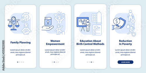 Solutions to overpopulation light blue onboarding mobile app screen. Walkthrough 4 steps editable graphic instructions with linear concepts. UI, UX, GUI template. Myriad Pro-Bold, Regular fonts used
