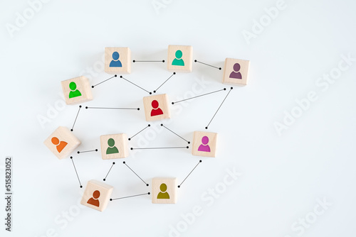 Teamwork, Connection. Building a strong team, Wooden blocks with people icon, Human resources and management concept.