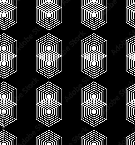Vector illustration. The texture of the contour hexagon. Black and white geometric seamless pattern. Mosaic abstract background. Hexagonal repeating geometric polygon texture.