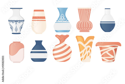 Set of modern coloret pottery ceramic vases for flowers vector illustration isolated on white background