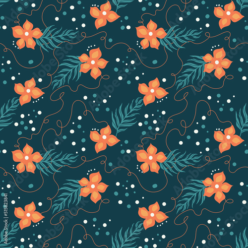Seamless pattern of flowers, branches and swirls on a dark background. Fashion print design, vector illustration