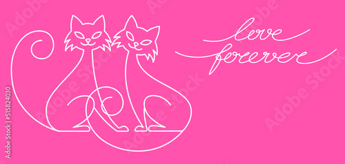 Vector white linear couple of cats and lettering love forever on pink rectangle. Line art style illustration for  valentine's card or wedding invitation.