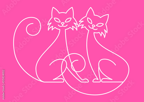 Vector white linear couple of cats in love on pink. Cartoon romantic design for card, invitation, print, poster.