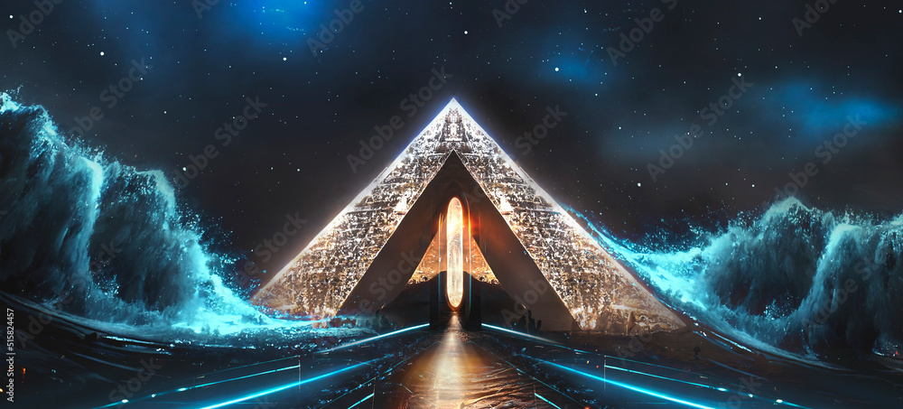 Abstract fantasy night landscape with pyramids, light effects. Night futuristic landscape, lights, desert, sand, light rays and sea waves. Modern abstraction of a futuristic world.  - obrazy, fototapety, plakaty 