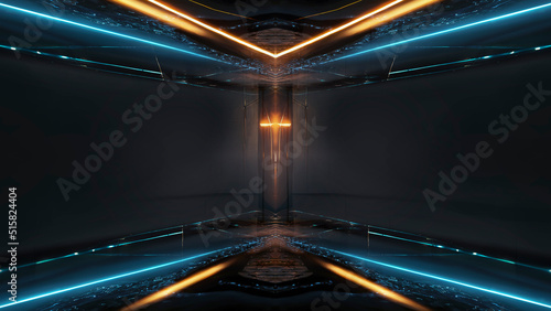 Abstract futuristic interior, neon tunnel, portal. Modern dark background, neon lights, underground passage. The movement of light in the dark. Sci-fi background. 3D illustration.