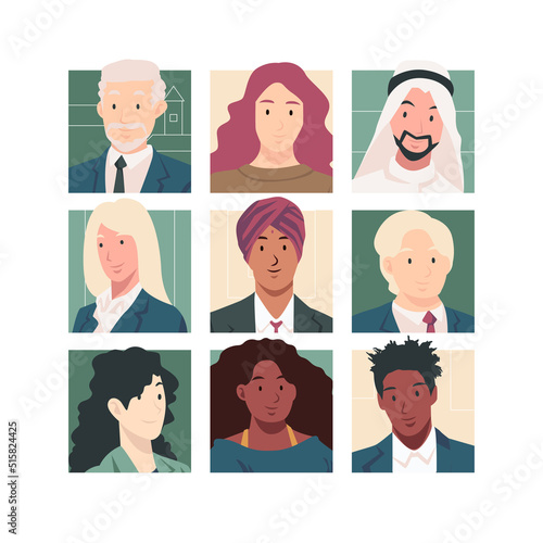 Diverse groups of multinational company business people, entrepreneurs, workers and expatriates head isolated on white background. Flat icon design vector illustration.