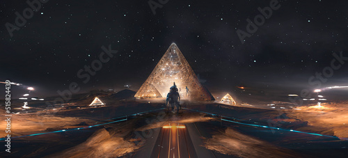 Abstract fantasy night landscape with pyramids, light effects. Night futuristic landscape, lights, desert, sand, light rays and sea waves. Modern abstraction of a futuristic world. 