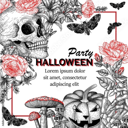 Vector illustration of halloween party invitation template in engraving style. Graphic linear skull, carved pumpkin, flowers, skeleton hand, mushrooms, butterfly bat head