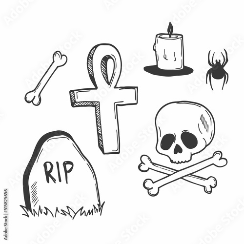 Doodle headstone set, cross, skull and bones, death line art. Old Memorial Cemetery. Spirit Day. Funeral. Taking the souls of the dead. Vector hand drawn element in black outline.
