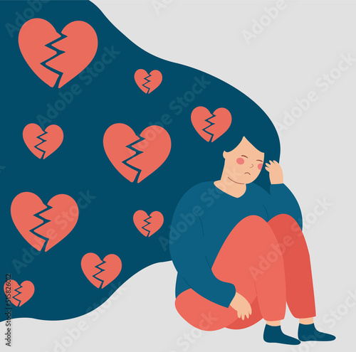 Sad woman with broken heart with gloomy thoughts. Teenage Girl has problems in relationship with love heartache. Young female feeling upset because of break up with lover. Heartbroken concept.