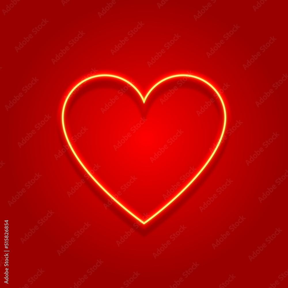Heart neon light glowing red gradient background. Neon sign board wall blurred banner, poster, center heart on radial red gradient backdrop. Greeting card, invitation heart symbol.