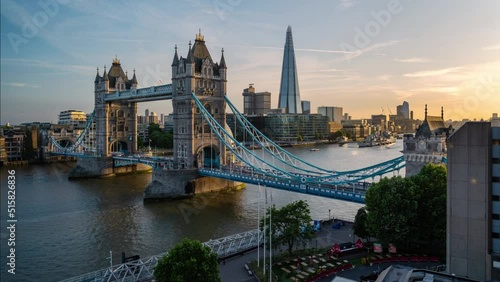 Sunset Timelapse high view of Tower Bridge and the Thames River photo