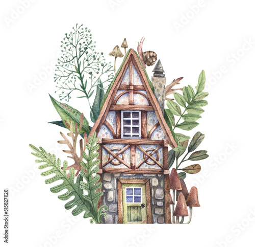 Half-timbered house in forest thickets watercolor illustration isolated on white background. Wooden house with mushrooms and ferns. Illustration for postcards, scrapbooking, decor.