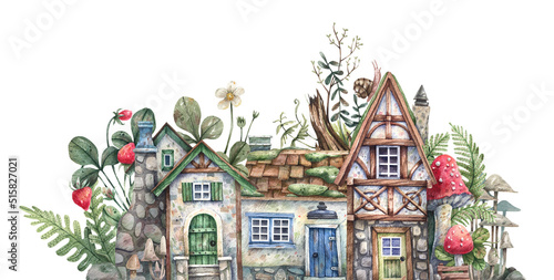 Half-timbered, forest houses in thickets of strawberries, ferns and mushrooms watercolor illustration. Rural, forest landscape with houses and wild plants. photo