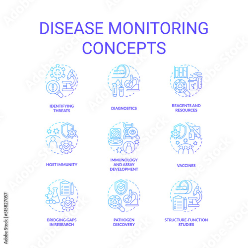 Disease monitoring blue gradient concept icons set. Public health. Infection surveillance idea thin line color illustrations. Isolated symbols. Roboto-Medium, Myriad Pro-Bold fonts used