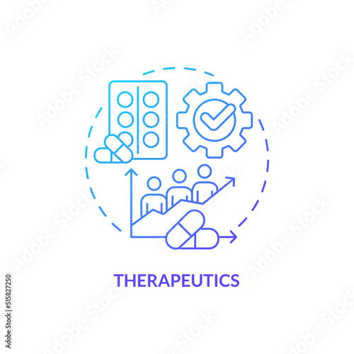 Therapeutics blue gradient concept icon. Treatment. Pandemic preparedness clinical research abstract idea thin line illustration. Isolated outline drawing. Myriad Pro-Bold fonts used