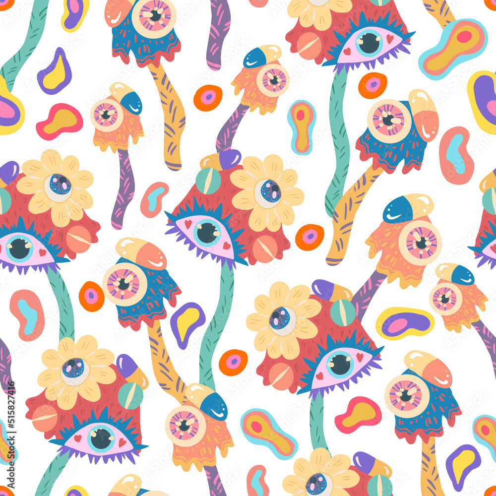 Groovy retro style. Hippie elements. Psychedelic mushrooms with eyes. Vector seamless Pattern. Light background, wallpaper, cartoon style