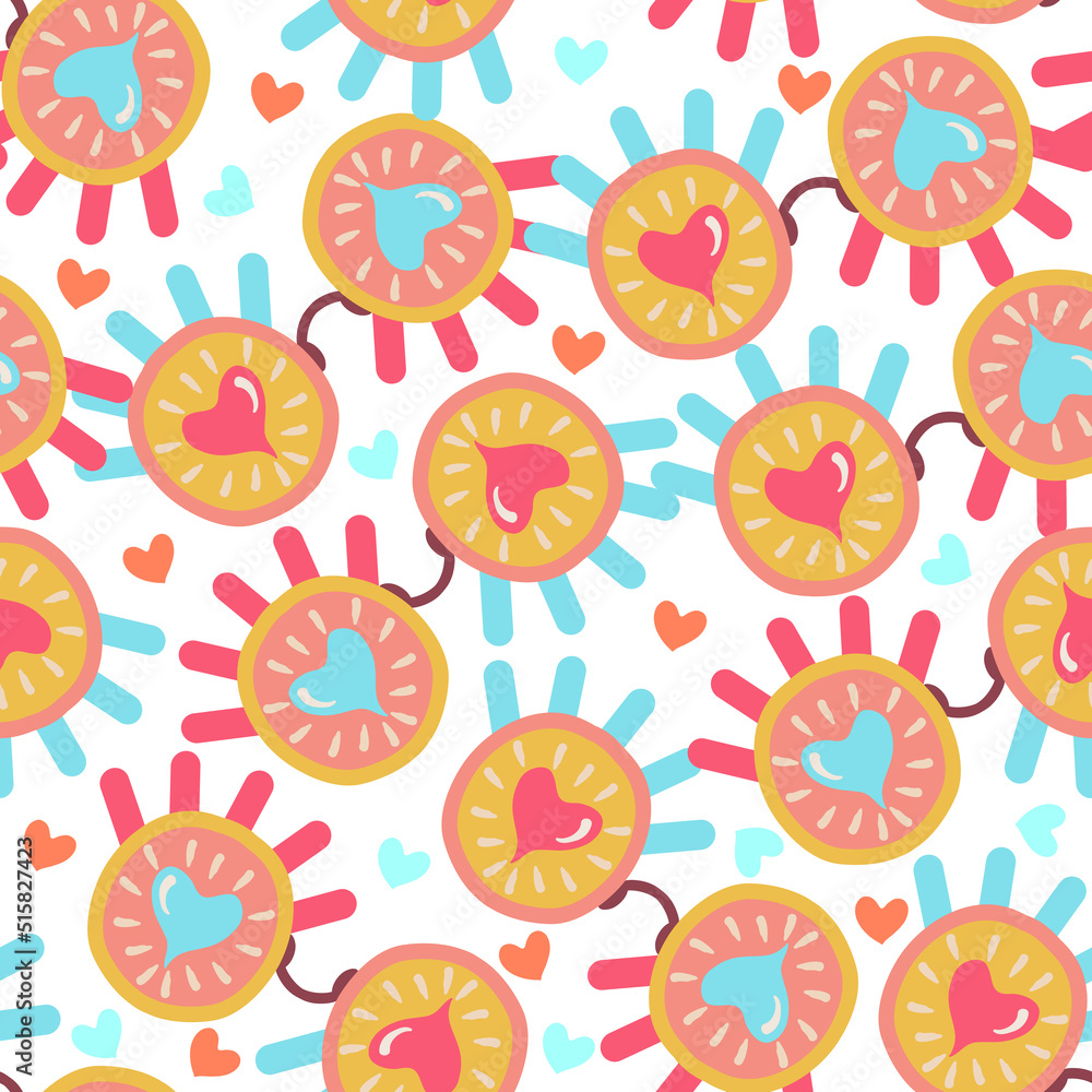 Groovy retro style. Hippie elements. glasses, eyes. Vector seamless Pattern. Light background, wallpaper, cartoon style
