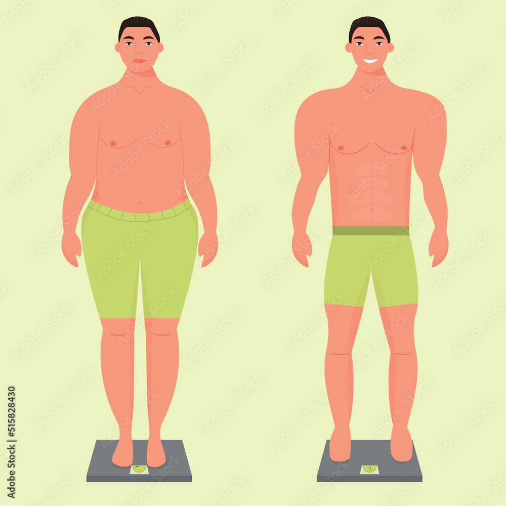 Before and after weight loss concept. Young sad overweight man and happy man with a slender body standing on a scale in shorts. Fat and slender boys vector illustration. Slim posture and obesity Before and after weight loss concept. Young sad overweight man and happy man with a slender body standing on a scale in shorts. Fat and slender boys vector illustration. Slim posture and obesity