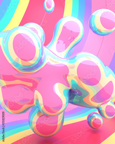 3d rendered abstract flowing rainbow blobs and wavy wall.