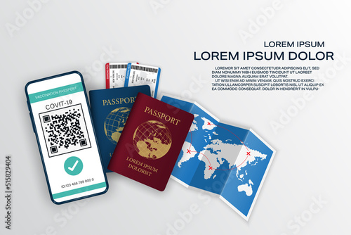 Vector digital certificate vaccine Covic-19 with QR code. Online heart passsport concept. Save travel documents. Smartphone, World map, Airplane ticket and passport booking.