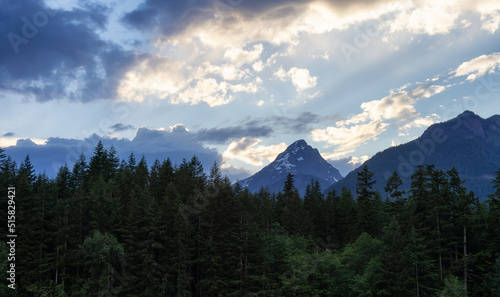 Green Trees and mountains in Canadian Landscape. Chilliwack Lake, British Columbia, Canada. Nature Background.