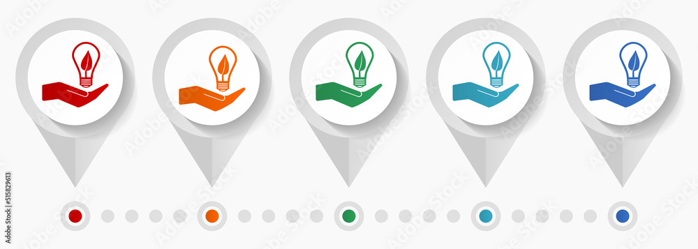 Light, idea, hand with bulb concept vector icons, editable infographic template, set of colorful flat design pointers